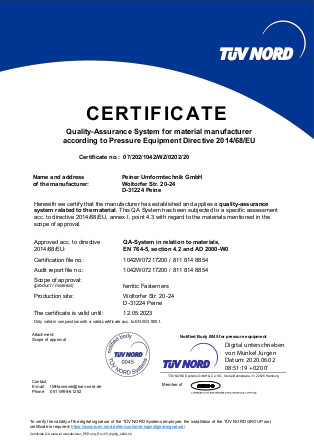 Quality-Assurance System for material manufacturer
according to Pressure Equipment Directive 2014/68/EU